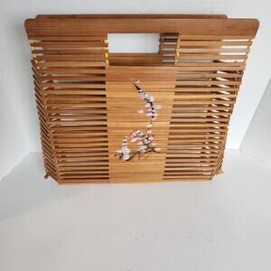 VTG 70's Bamboo Cage Purse Market Bag Handbag Boho Beach Tote Asian Floral Motif